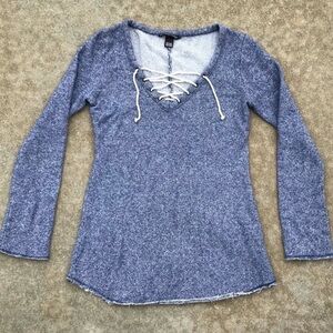 Women's XS Victoria's Secret Lace Up Sweater Blue Lightweight Raw Hem Y2K